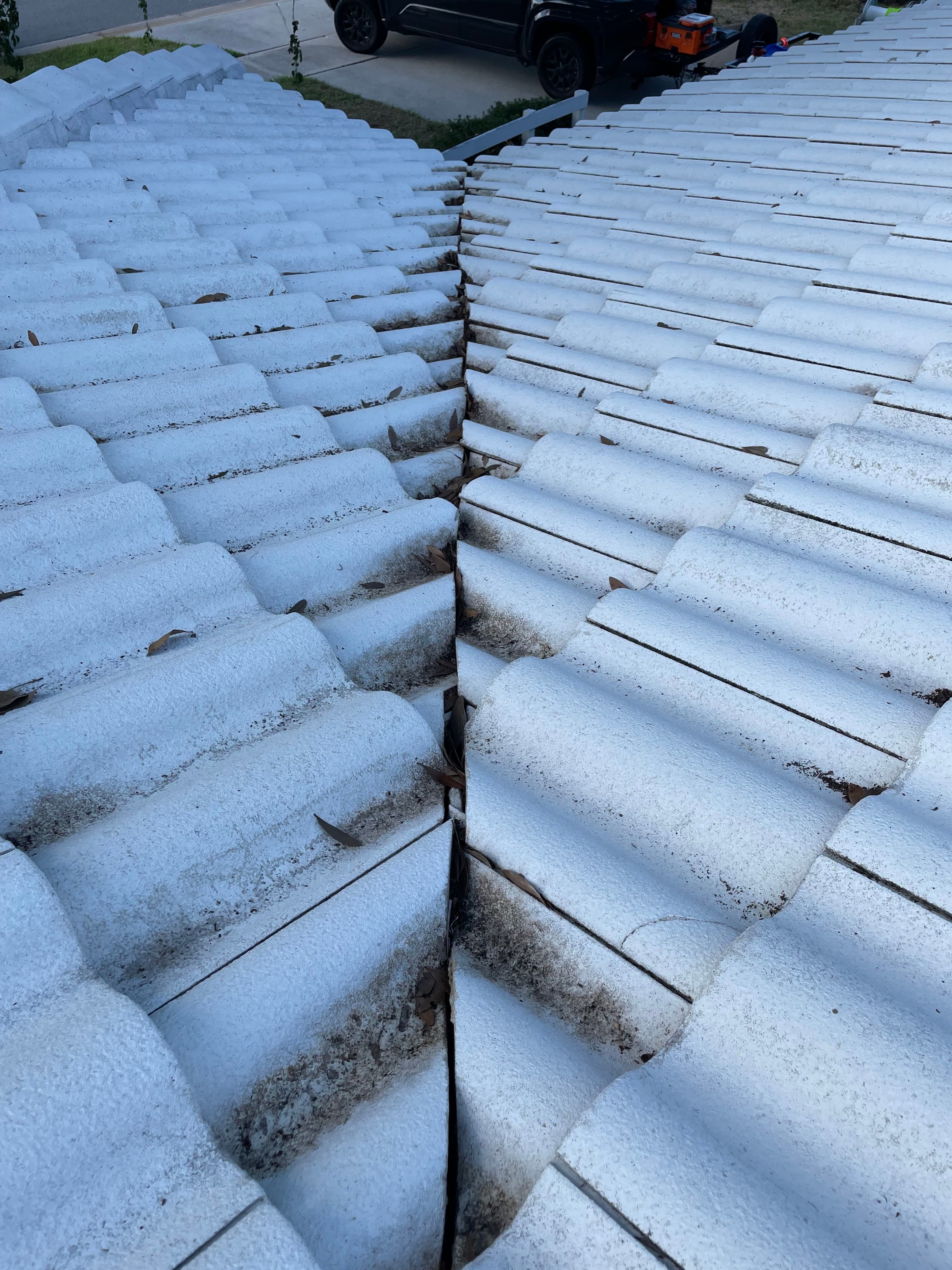 Florida tile roof before cleaning, covered in dirt and algae streaks
