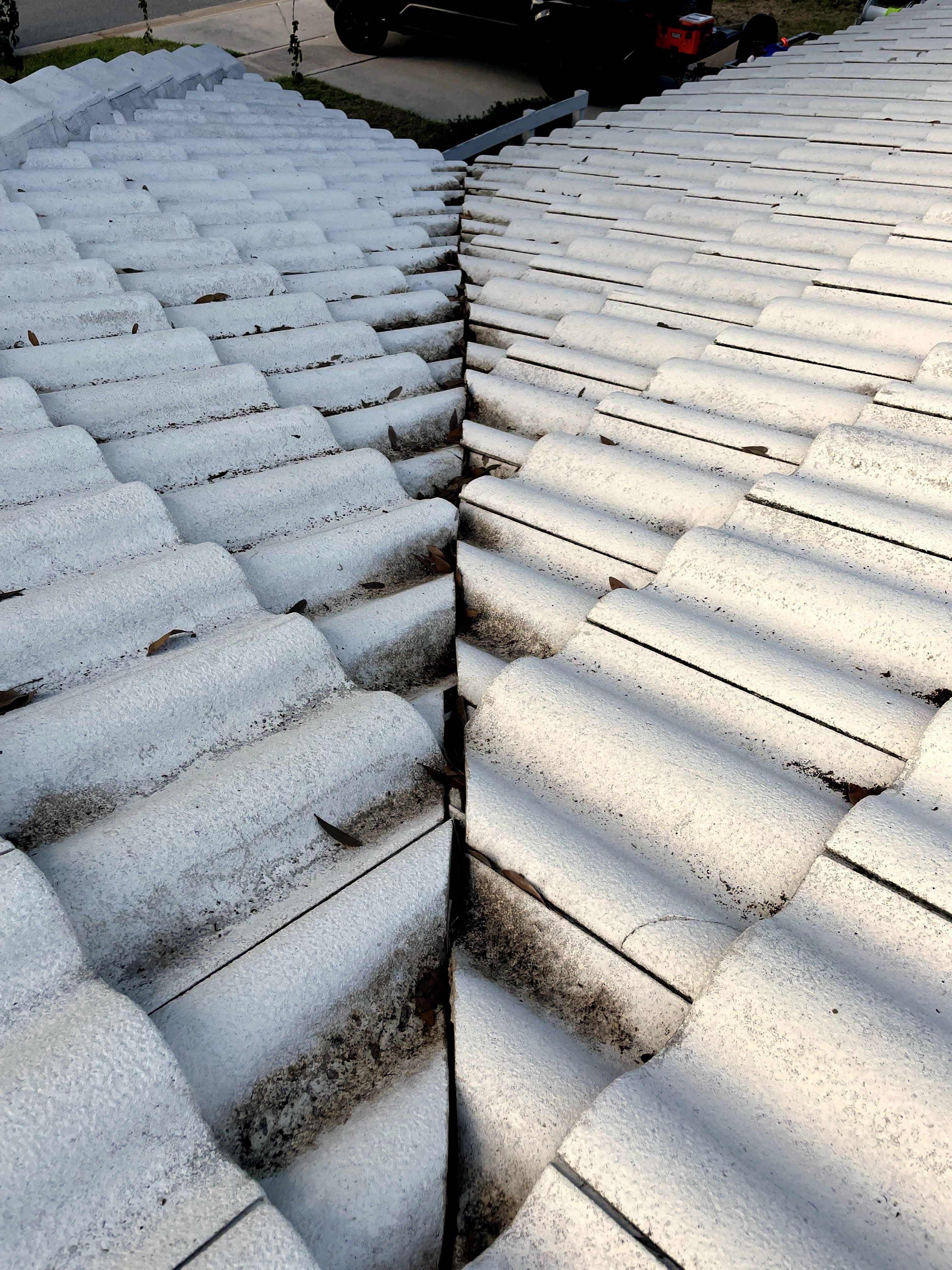 White tile roof with black algae streaks before cleaning